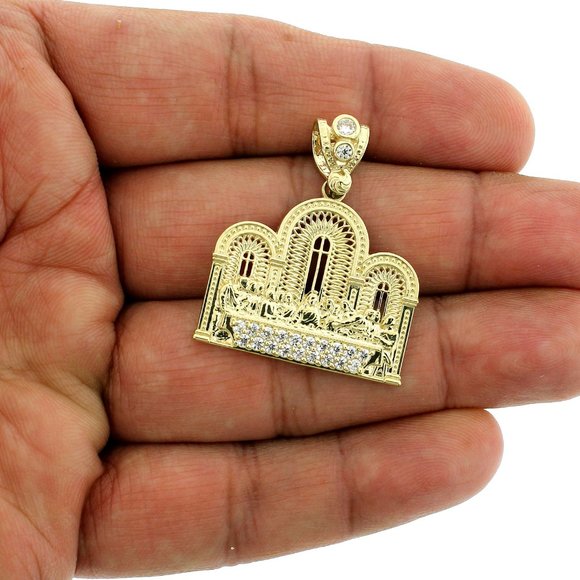 Real 10K Yellow Gold Diamond Cut Jesus Last Supper Charm Pendant - Picture 3 of 10